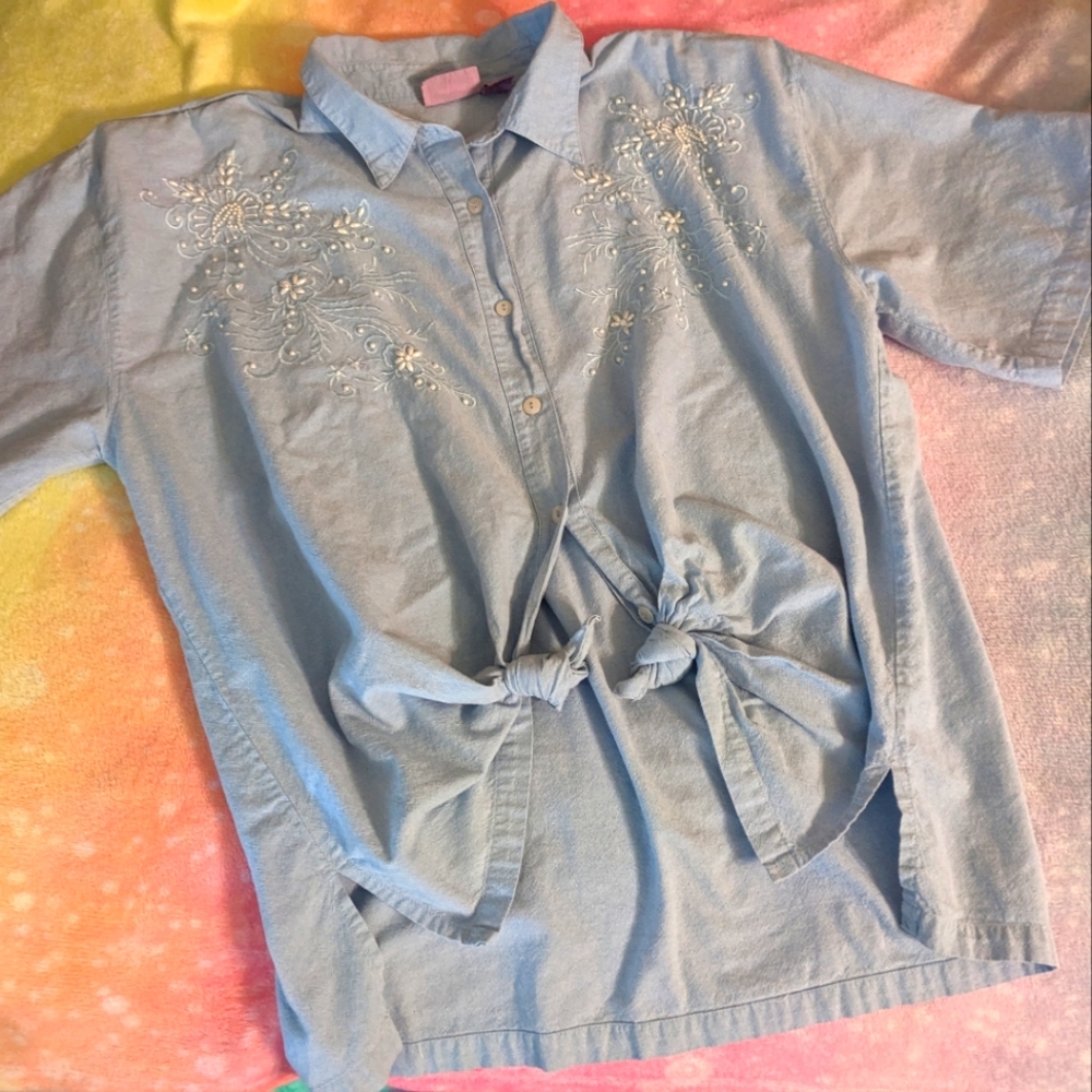 Vintage 80s pearl denim embroidery button up  short sleeve top blouse plus sz 3X